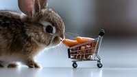 Adorable brown bunny rabbit sniffing fresh carrots in miniature shopping cart against blurred background, concept of healthy eating and pet food shopping.