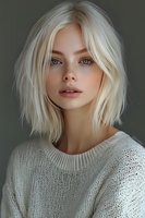 Young blonde woman with short bob haircut wearing white knit sweater portrait against neutral background for fashion and beauty concepts.