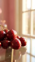 Fresh red cherries with water droplets in glass bowl by sunny window creating warm natural light and reflections for healthy eating concepts.