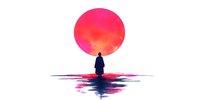 Silhouette of lone figure standing in water reflection against large red sun, creating minimalist atmospheric scene with pink and purple gradient sky.