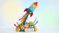 Colorful rocket ship launching upward with rainbow trail, surrounded by smiling emoji faces and directional arrows on white background, isolated clipart for business growth and success designs.