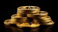 Stack of golden cryptocurrency coins on dark reflective surface with dramatic lighting and shadows, symbolizing digital wealth and financial technology.