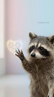 Adorable raccoon holding glowing golden heart with sparkles on soft pastel gradient background for romantic greeting cards and love concepts.