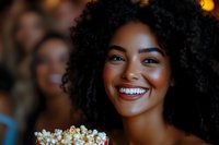 Happy young African American woman with curly hair smiling brightly at camera with warm bokeh lights in background for lifestyle and celebration content.