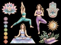 Yoga sticker set with women in poses, lotus, hamsa, chakras, sun, and mat, isolated on transparent background. Great for t-shirts, clipart, and print on demand.