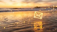 Golden sunset beach scene with glowing email envelope icon floating above wet sand, representing digital communication and connection in serene coastal setting.