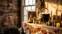 Cozy autumn fireplace mantel decorated with fall leaves, candles and rustic decor in warm living room interior for seasonal home decoration and holiday styling.