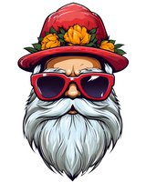 Cool hipster character with white beard wearing red sunglasses and floral decorated hat on white background, isolated design for prints and merchandise.