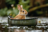 Adorable brown rabbit sitting in miniature canoe on calm water, surrounded by nature setting. Creative outdoor animal photography for greeting cards and social media content.