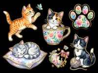 Cute cats and kittens collection isolated on transparent background. Orange tabby playing with butterfly, calico kitten in decorative teacup, sleeping gray striped cat on cushion, black and white kitten with yarn ball, and colorful paw print design. Ready for t-shirts, stickers, clipart, sublimation and print-on-demand products.