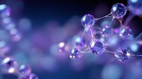 Glowing molecular structure with connected nodes in purple and blue tones against dark background, abstract science visualization for research presentations.