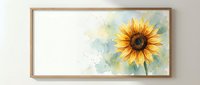 Watercolor sunflower painting in wooden frame on white wall, soft pastel background with copy space for text or design projects.