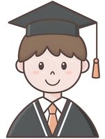 Cute cartoon graduate student character in academic cap and gown with orange tie smiling. Isolated illustration on white background for education designs.