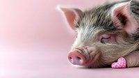 Sleeping baby pig with pink heart decoration on pink background, close up portrait of peaceful piglet resting, selective focus on snout and face.