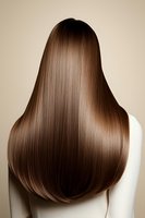 Back view of woman with long, glossy brown hair against beige background, showcasing smooth, straight hairstyle for beauty salon advertising.