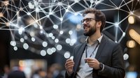 Young Caucasian businessman in glasses and suit laughing while standing against glowing network visualization and bokeh lights, representing digital connectivity and success.
