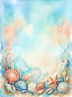 Watercolor seashells and starfish border frame with coral reef elements on textured paper background for marine themed designs and ocean invitations.