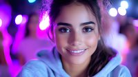 Young woman smiling at camera with colorful bokeh lights in background. Night entertainment, party atmosphere with purple and blue lighting effects.