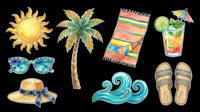 Bright summer vacation elements isolated on transparent background, ready for t-shirt designs, clipart, stickers, sublimation and print-on-demand products.