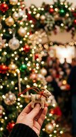 Unrecognizable woman holding festive reindeer ornament with red ribbon against blurred decorated evergreen tree with colorful lights and baubles. Holiday decoration and celebration concept.