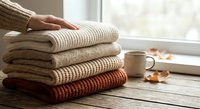 Cozy knitted sweaters stacked on wooden table near window with warm autumn light and coffee cup creating hygge home comfort atmosphere.