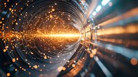 Glowing orange light tunnel with sparkling particles creating dynamic perspective effect. Energy stream and motion blur create futuristic technological atmosphere.