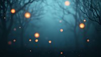 Mystical forest at twilight with glowing orange lanterns floating among bare trees in blue misty atmosphere, creating enchanted woodland scene.