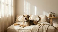 Terrier mix dog relaxing on beige bed with pillows near window with natural light, suitable for pet care, home decor, and lifestyle content.