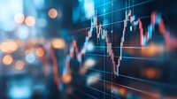 Financial market data visualization with glowing candlestick chart overlay on blurred blue background with bokeh lights showing stock price movements.