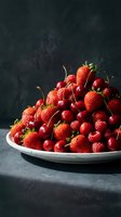 Fresh strawberries, cherries, and raspberries piled high on a white plate against a dark moody background, showcasing vibrant red summer berries.