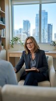 Professional woman with glasses wearing dark blazer sitting in modern office with cityscape view, holding tablet during business meeting or consultation.