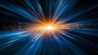 Dramatic light burst with blue and orange rays radiating from bright center point against dark background, creating dynamic speed and motion effect for technology concepts.