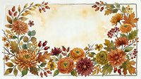Watercolor autumn floral frame with chrysanthemums, ranunculus, rose hips, and fall leaves in warm orange and red tones, copy space center.