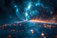 Cosmic blue nebula with glowing orange particles creating magical celestial landscape for astronomy and fantasy backgrounds.