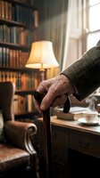 Senior man holding wooden cane in classic library study room with warm lamp light, bookshelves, and vintage furniture for retirement and elderly lifestyle concepts.