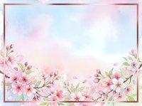 Watercolor cherry blossom frame with pink flowers and green leaves on pastel gradient background for spring designs and romantic projects.
