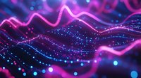 Abstract digital waves with glowing pink and blue light trails against dark background, creating futuristic technology visualization with bokeh effect and particle elements.