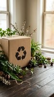 Eco-friendly cardboard box with recycling symbol surrounded by green plants on wooden surface near window for sustainable packaging and environmental concept.