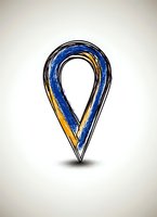 Artistic location pin marker in blue and yellow colors with rough brush stroke effect and shadow on light background. Isolated design element for maps and navigation.