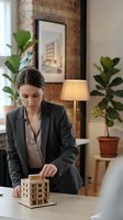 Professional woman architect examining wooden building model in modern office with exposed brick, potted plants, and architectural artwork on wall.