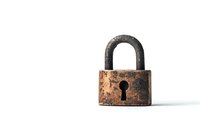 Vintage rusty padlock with keyhole isolated on white background, showing weathered copper texture and aged metal patina, symbolizing security and protection.