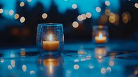 Glowing candle in glass holder with bokeh lights reflecting on wet surface creates magical evening atmosphere in blue and golden tones.