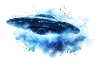 Mysterious flying saucer spacecraft against starry night sky with blue nebula clouds, watercolor style artistic illustration for science fiction designs.