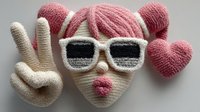 Trendy crocheted girl with pink hair and sunglasses making peace sign gesture, handmade textile art with hearts on neutral background for crafting projects.