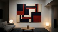Modern living room interior with abstract geometric wall art featuring red black and cream color blocks above gray sofa with warm ambient lighting.