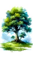 Majestic watercolor tree with vibrant green and teal foliage standing alone on grassy hill against soft blue sky background.