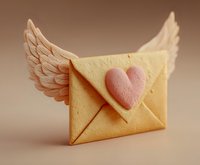 Winged love letter with pink heart on cream envelope against soft brown background, symbolizing romantic message delivery.