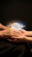 Elderly and young hands touching with glowing brain and heartbeat hologram representing intergenerational care, medical technology and healthcare connection.