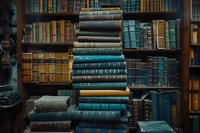 Stacks of vintage leather-bound books in various shades of blue, green and brown fill wooden library shelves, creating atmospheric academic ambiance.