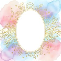 Watercolor oval frame with golden floral ornaments and stars on pastel background for wedding invitations, greeting cards and decorative designs.